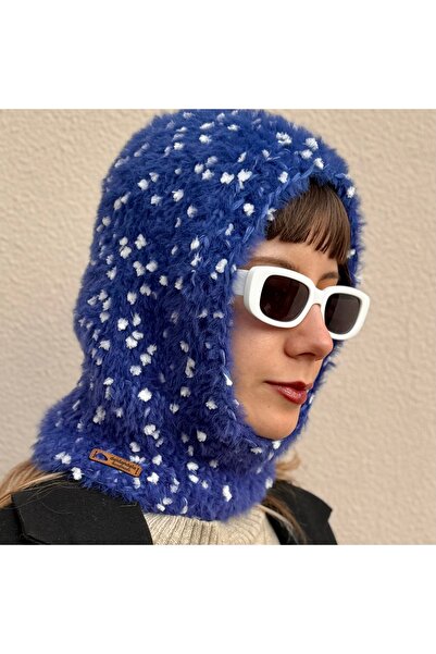 daldandala El Örgüsü Saks Mavi Puantiyeli Balaklava Kadın Boyunlu Bere Kışlık...
