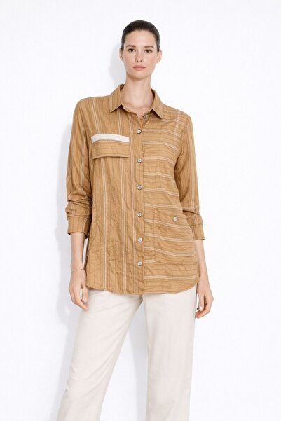 Mizalle İnce Çizgili Camel Cepli Tunik Gömlek