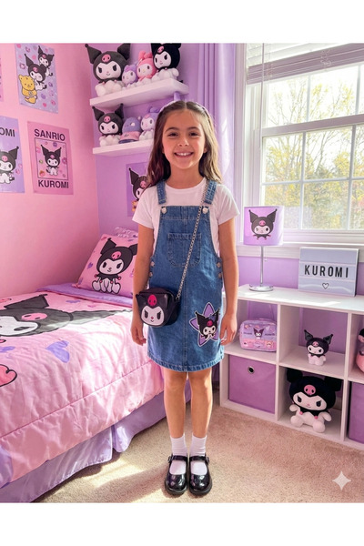 ALYAKİDS Girl's Kuromi Printed Denim Gilet Dress and Bag Set