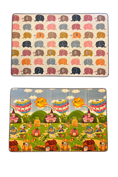 Coolmats Baloncu Fil Ailesi & Macera Köyü - Çift Taraflı Katlanabilir Oyun Matı