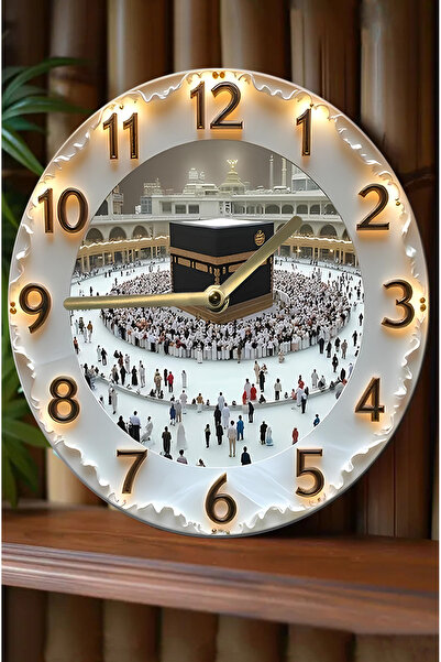 Saule 🕋 Kâbe Manzaralı 3D Görünümlü MDF Duvar Saati – 33 cm ✨ sdw92