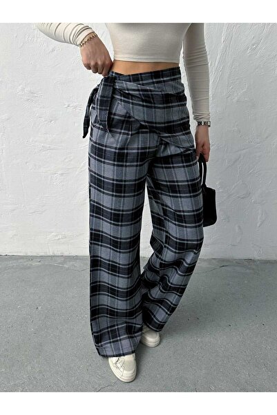 VESS MODA Scarf Detailed Bk Model Plaid Trousers