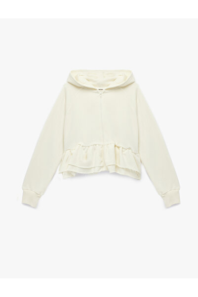 Koton Cotton Long Sleeve Hooded Flounce Zipper Sweatshirt