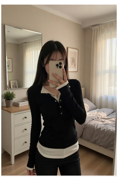 Köstebek White Snap Collar Long Sleeve Blouse with Attached Body