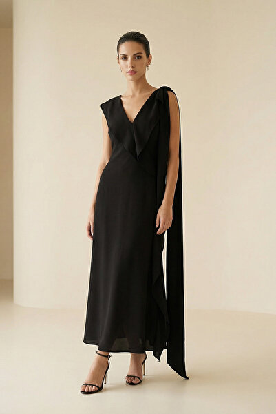 Setre Black v-neck sleeveless midi dress with asymmetrical detail