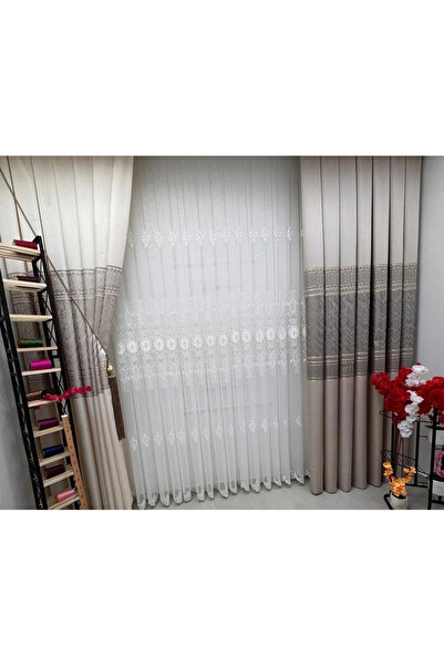 NİVEMESHOME Hazel Applique3 Ecru 1/3 Pleated Bamboo Tulle Curtain