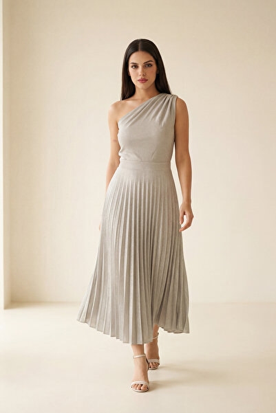 Setre Beige One-Shoulder Detailed, Pleated, Comfortable Cut, Midi Length Dres...