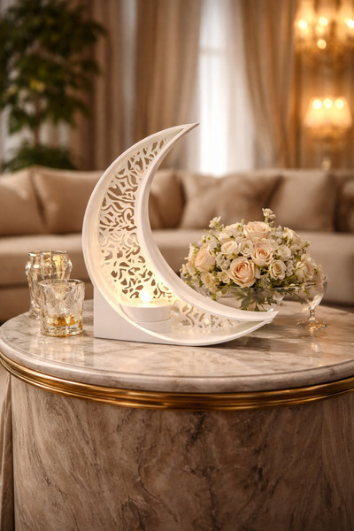 Belle Vie Ay Figürlü Dekoratif Mumluk — Lüks LED Işıklı Hilal Masa Üstü Dekor