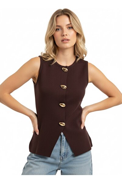 Arbucky Women's Crew Neck Gold Button Detailed Premium Sleeveless Knitwear Vest