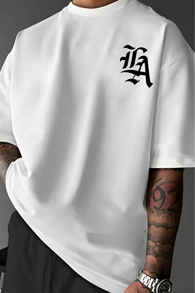 NO 601 Men's White La Printed Loose Fit Oversize Tshirt