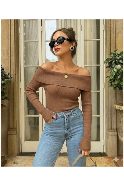 Kutaf Women's Boat Neck Ribbed Knitwear Blouse Long Sleeve Stretchy Bodysuit ...