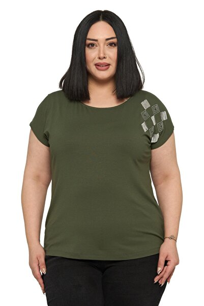 DISENTIS MODEST Plus Size Low Short Sleeve Blouse with Diamond Pattern on the...