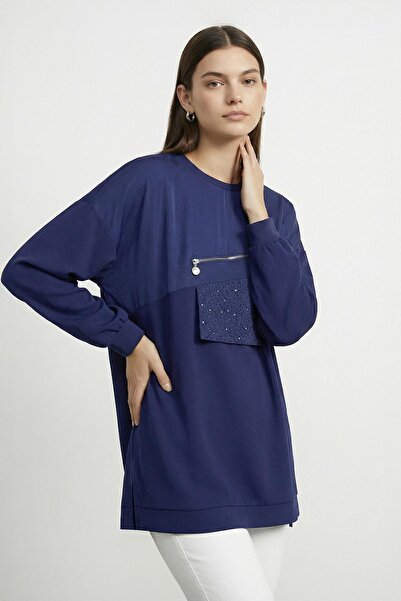 Puane Women's Crew Neck Long Tunic with Front Zipper and Stone Detail - 10768...