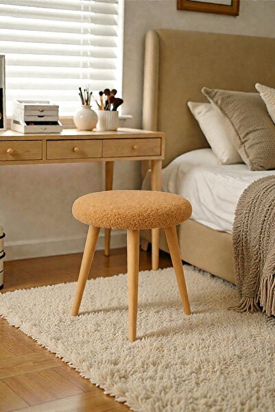 HCAtölye Ahşap Atölyesi Gürgen Ahşap Retro Ayak Dekoratif Beyaz Pelüş Puf Tab...