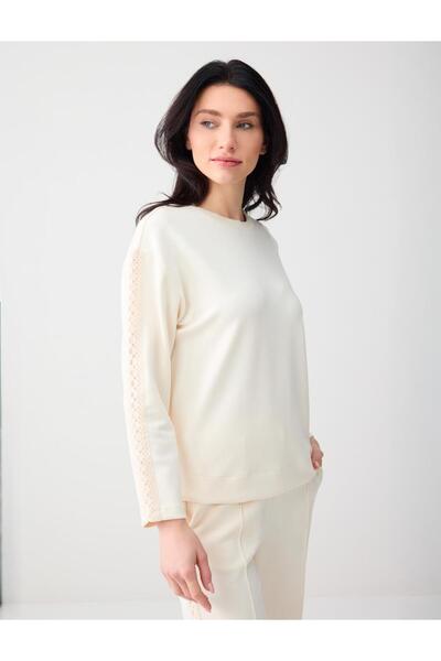 Jimmy Key Ekru Rahat Kesim Bisiklet Yaka Örme Modal Sweatshirt