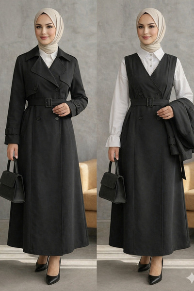 FERHEL Women's 2-Piece Long Trench Coat with Pleated Skirt and Belted Bolero ...