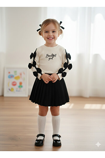 EYMİRGİYİM Kız Çocuk Fiyonk Detaylı Uzun Kollu Ribana Bluz ve Piliseli Etek T...