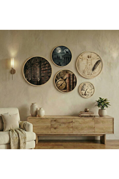 huhuli Set de picturi rotunde din 5 piese Dark Academia - Decor de perete vin...