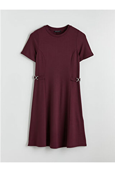 LC Waikiki M1 Sezon Burgundy Crew Neck Ornamented Belt Detail Mini Dress