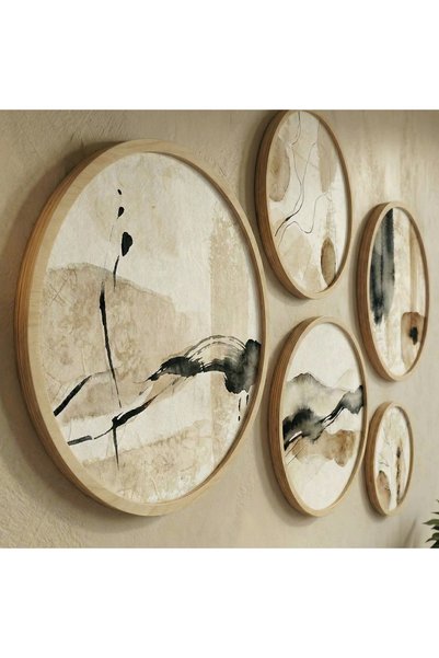 huhuli Wabi Sabi Set of 5 Round Paintings - Japandi Wall Decor with Natural Birch Wood Frame Huhu862 - Round Painting Set