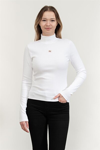 Calvin Klein Kadın Dar Kalıp Balıkçı Yaka Uzun Kollu T-Shirt - Beyaz