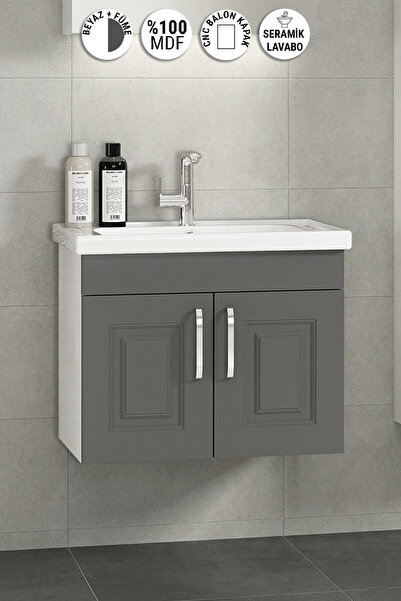 ÖZCEDEN Salkım 65 cm Beyaz-Füme Balon MDF Seramik Lavabolu Asma Banyo Alt Dolabı