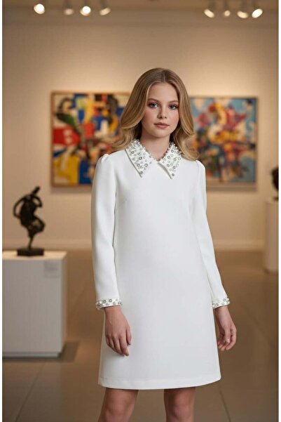 Hilal Akıncı Kids Fakir Girl's Dress with Stone Decor on the Collar and Sleeves