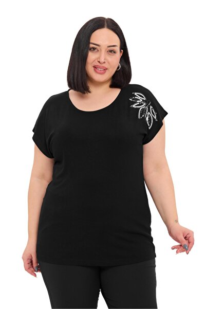 DISENTIS MODEST Plus Size Low Short Sleeve Black Blouse with Leaf Pattern on ...