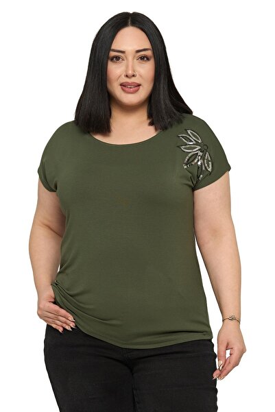 DISENTIS MODEST Plus Size Low Short Sleeve Khaki Blouse with Leaf Pattern on ...