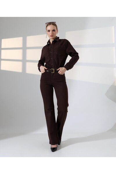 Coşkun GİYİM Women's Classic Jeans Overalls with Drawstring Waist Brown 3037-78