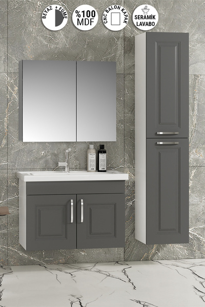 ÖZCEDEN Salkım 65+35 cm Beyaz-Füme Balon MDF Seramik Lavabolu Asma Banyo Dola...