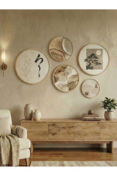 huhuli Σετ 5 στρογγυλών πινάκων Wabi Sabi - Διακόσμηση τοίχου Japandi με φυσι...