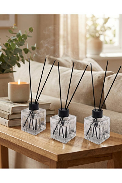 junibeliw 3 Adet Kare BOŞ Cam Şişe Siyah Kapaklı Fiber Çubuk BOŞ Banyo Oda Ko...