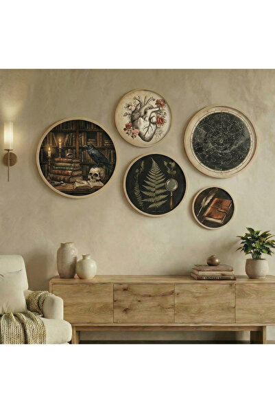 huhuli Set de picturi rotunde din 5 piese Dark Academia - Decor de perete vin...