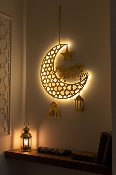 Wooden Factory Hoşgeldin Ramazan Aynalı Pleksi Duvar Süsü, Ay Desenli Ahşap R...