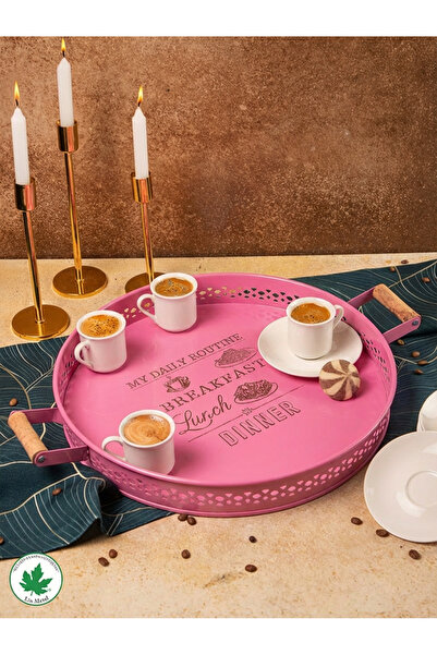 LİNMETAL 37cm AHŞAP Kulplu DANTELLİ Servis Tepsi 37cm (My Daily Routine Baskılı)