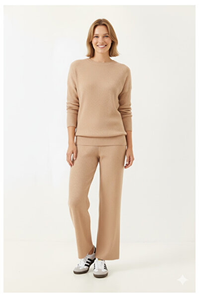 Kutaf Women's Ribbed Knitwear Double Set Crew Neck Sweatshirt and Spanish Fla...