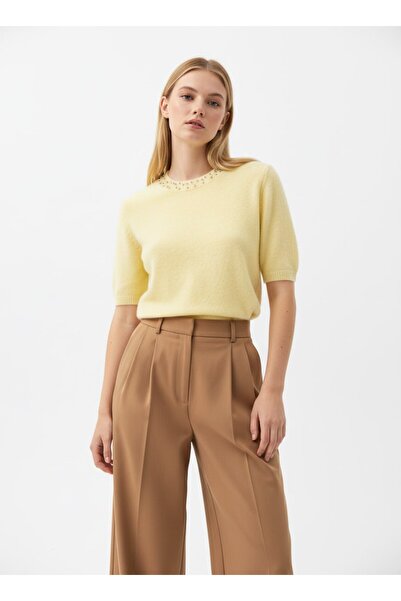 Arbucky Kadın Bisiklet Yaka Aksesuarlı Kısa Kollu Triko Kazak