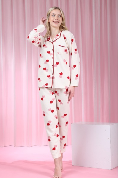 BARAY TEKSTİL Kalp Desenli Waffle Kumaş Düğmeli Uzun Kollu Pijama Takımı