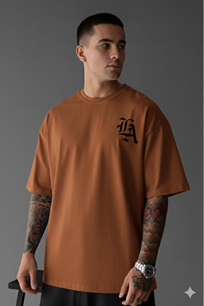 NO 601 Men's Cinnamon Brown La Printed Loose Fit Oversize Tshirt