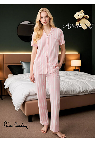 Pierre Cardin Stripe Detailed Modal & Cotton Short Sleeve Shirt Pajama Set (w...