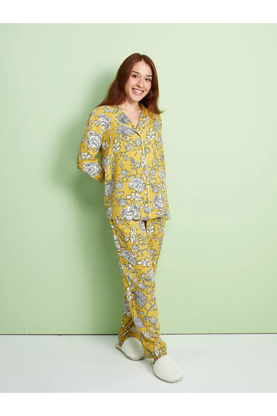 LC Waikiki Lcw Dream Yellow Petite Shirt Collar Floral Women's Pajama Set