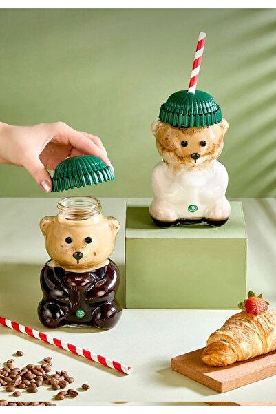 Erbaşlar 2-Pack Barista Glass Cold Drink Cups with Teddy Bear Design 550 ml