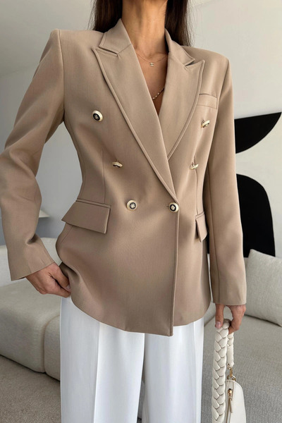 Rabona Fashion Kadın Gold Düğme Detaylı Kruvaze Kesim Şık Blazer Ceket