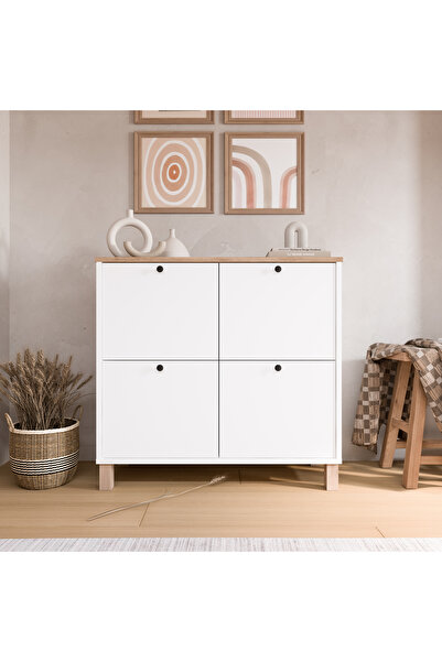 Robin Home Alaska Ayakkabılık Çok Amaçlı Dolap 4 Kapaklı Ahşap Ayaklı Sepet-B...