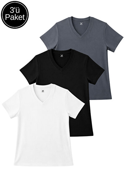 Rich Pachet de 3 tricouri de damă, negru-alb-antracit, cu textură moale, inte...