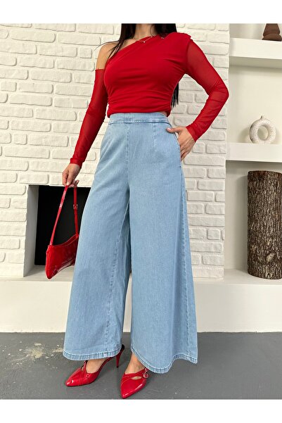 Coşkun GİYİM Women's High Waist Wide Leg Pants with Elastic Back Open Blue 71...