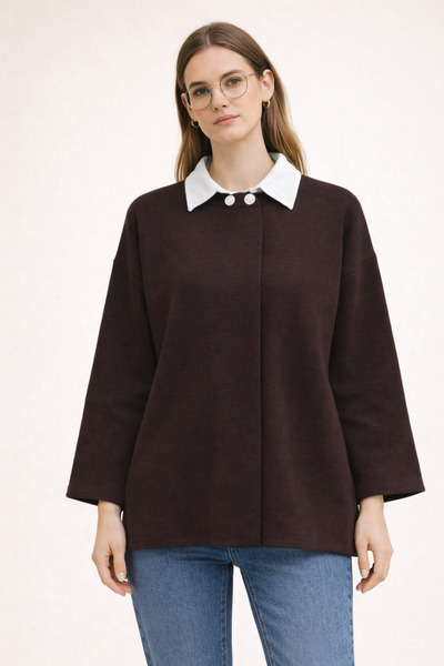 FERHEL Casual Knitwear Poncho Double Button - Dark Brown