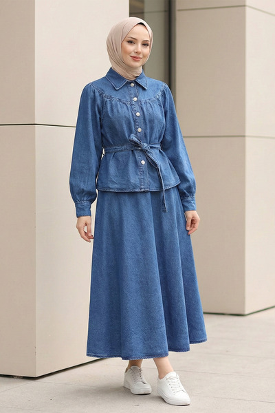 FERHEL Women's Buttoned Front Skirt Blouse Jeans Set Indigo