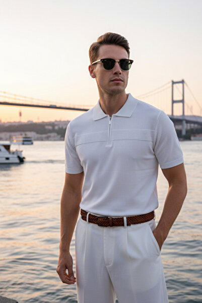 Maccali Men's Trend White Polo Neck Knitwear T-Shirt